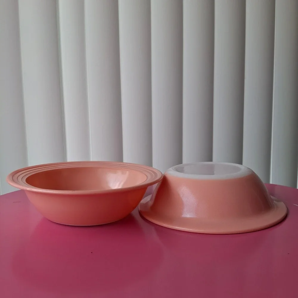 Hazel Atlas Moderntone Peach/Pink Milk Glass Soup Bowls Set of 2 Vintage MCM